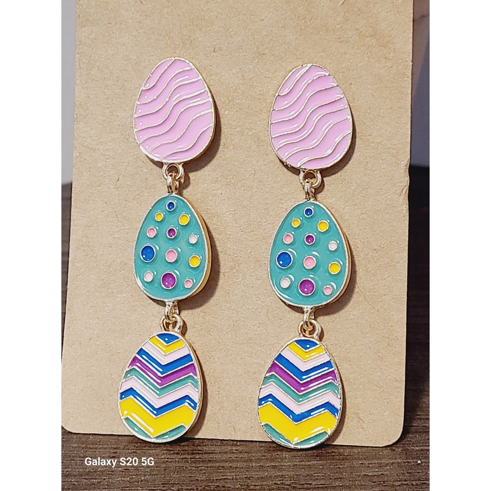 Easter Egg Drop Earrings Pastel Enamel Tiered Dangle Gold Tone Holiday Jewelry